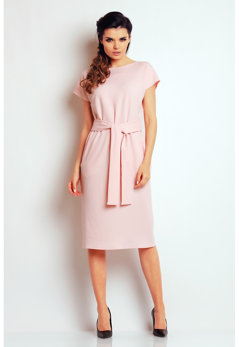 Rochie eleganta midi cu cordon in talie si decolteu barca - - Powder pink