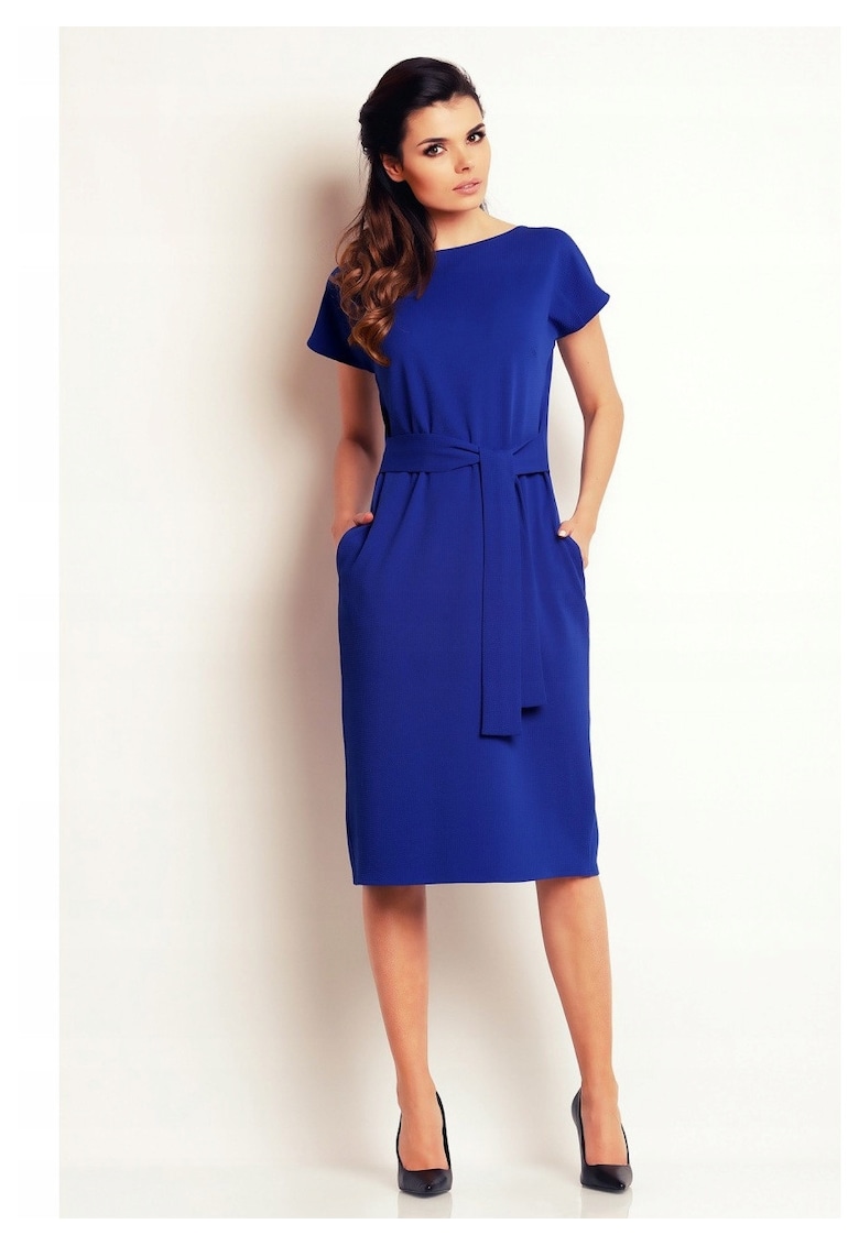 Rochie eleganta midi cu cordon in talie si decolteu barca - - Albastru