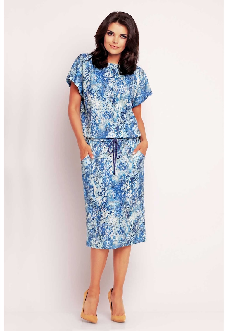 Rochie midi din tricot cu maneci scurte tip chimono si decolteu barca - - Albastru