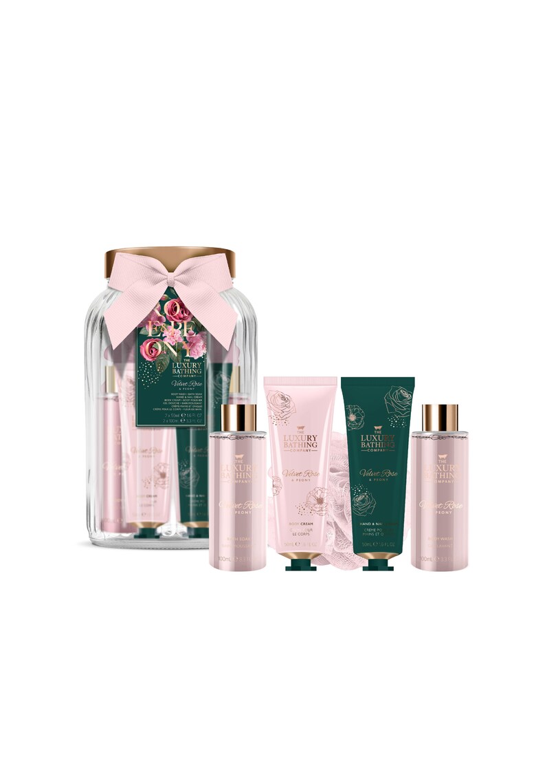 Set Cadou Pure Indulgence - Velvet Rose & Peony - Gel de Dus - Spuma de Baie - Crema Maini si Unghii - Crema Corp - Burete Exfoliant Corp - Borcan de Sticla Reutilizabil cu Capac -  5 articole