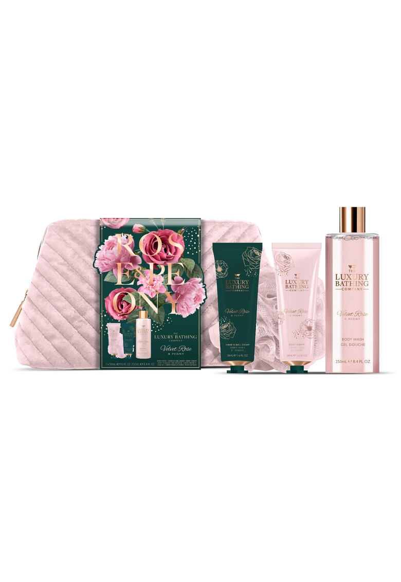 Set Cadou Weekend Escape - Velvet Rose & Peony - Gel de Dus - Crema Maini si Unghii - Burete Exfoliant Corp - Portfard Reutilizabil - 3 articole