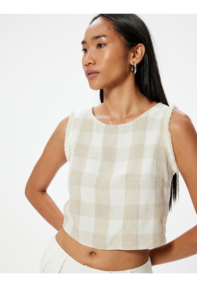 Top crop din amestec de in cu model in carouri