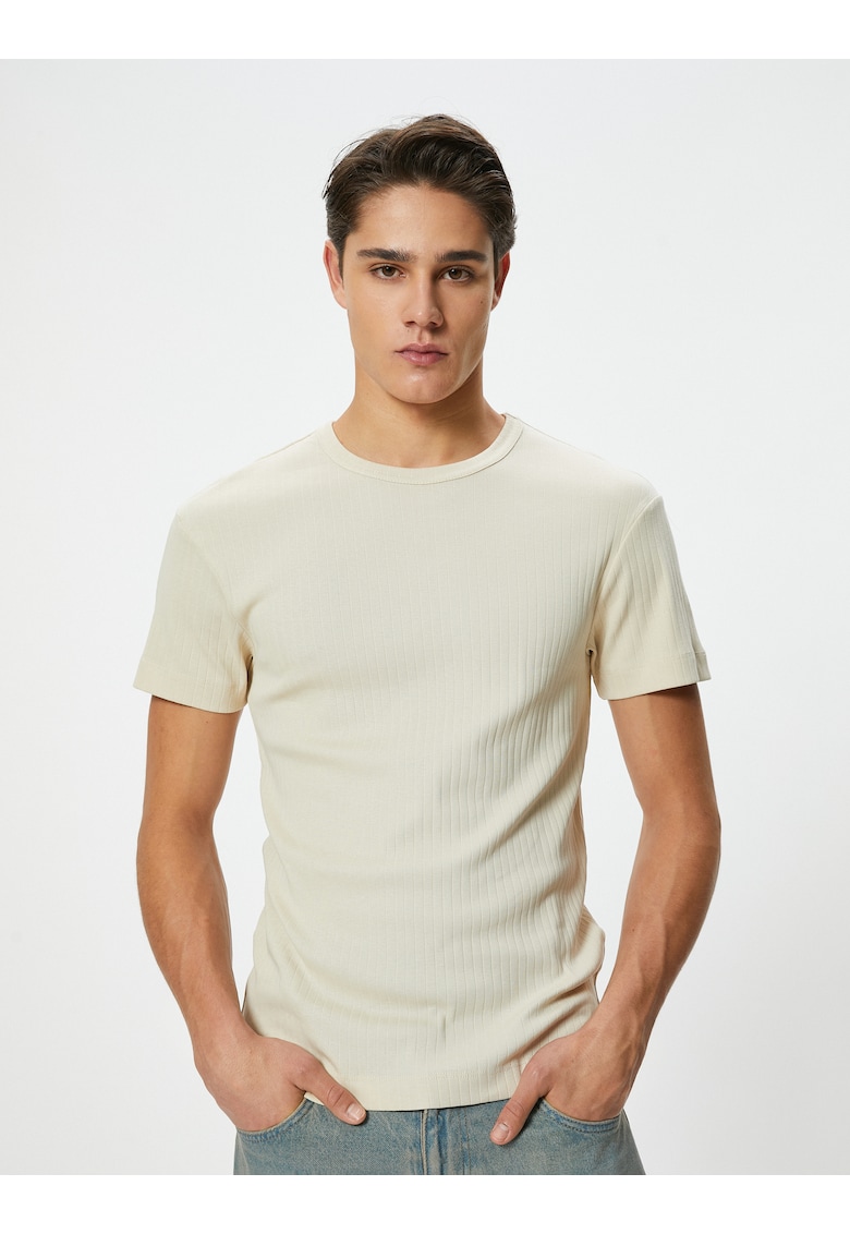 Tricou regular fit din bumbac cu decolteu la baza gatului - Bej