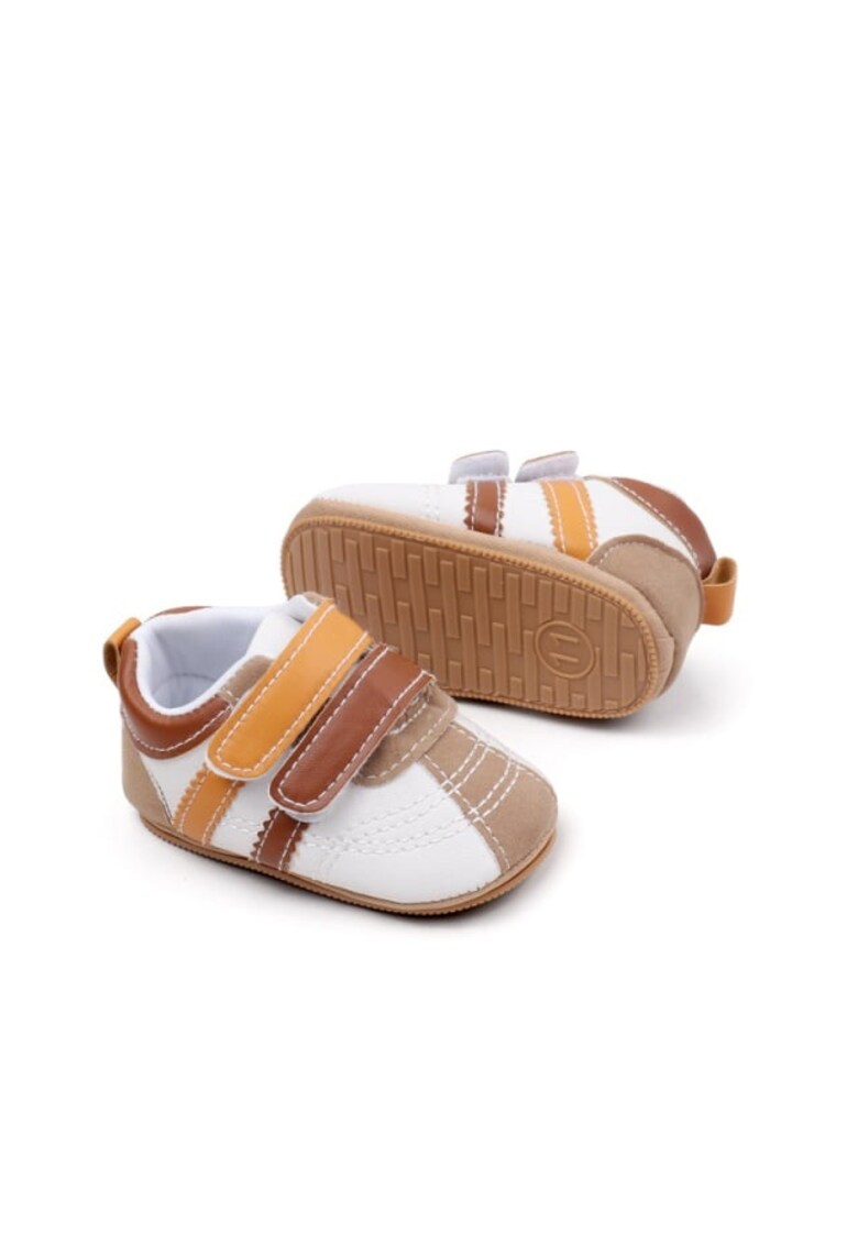 Pantofi Sport Casual - Piele ecologica - Baieti - Velcro - Alb - Maro