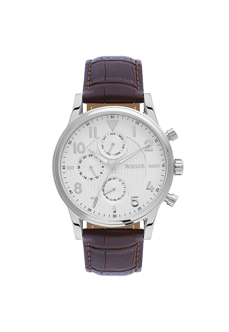 Ceas barbati model WWG200605 - argintiu - curea maro - rezistent la apa 5 ATM - mecanism quartz