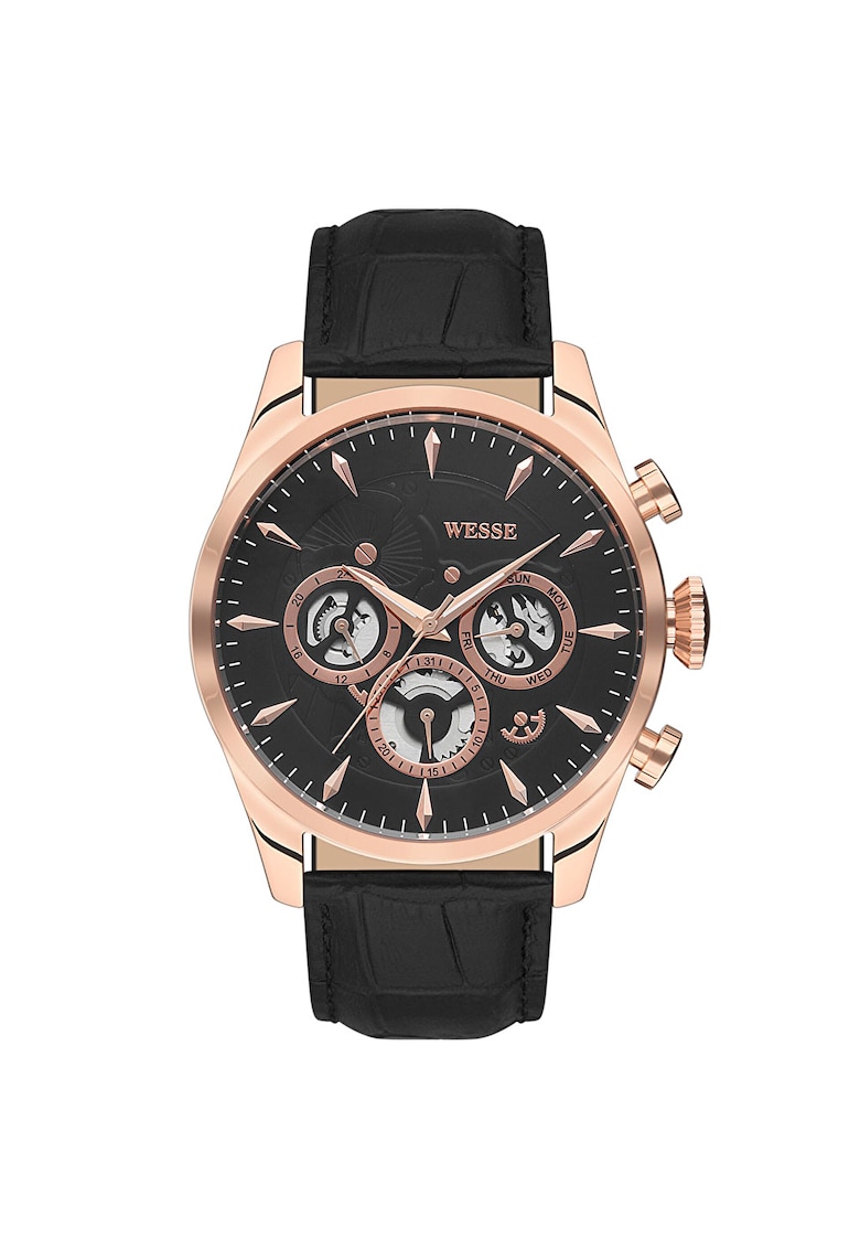 Ceas barbatesc model WWG202802 - Quartz - rezistent la apa 5 ATM - curea neagra - carcasa rotunda din otel roz