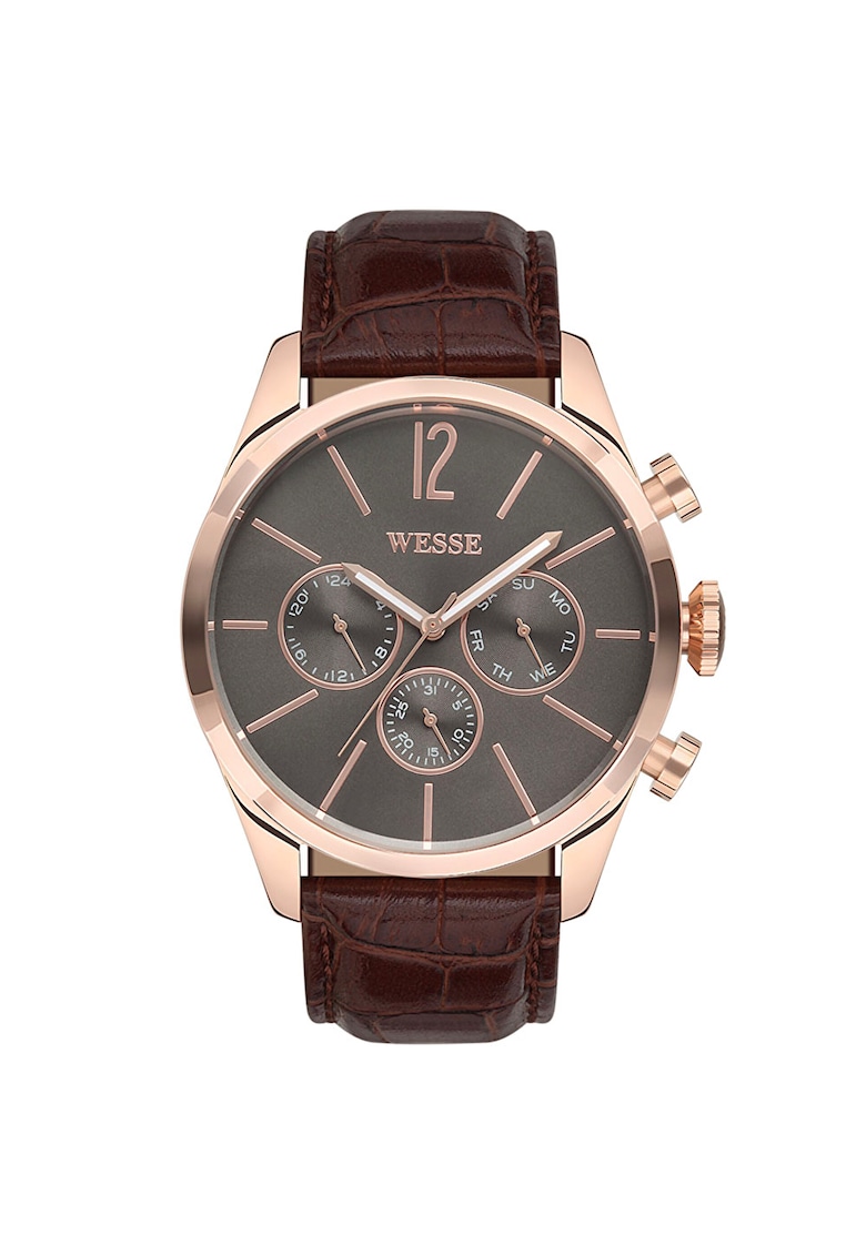 Ceas barbati model WWG200103 - cu mecanism Quartz - rezistenta la apa 5 ATM - curea maro - cadran negru - carcasa rotunda din otel roz