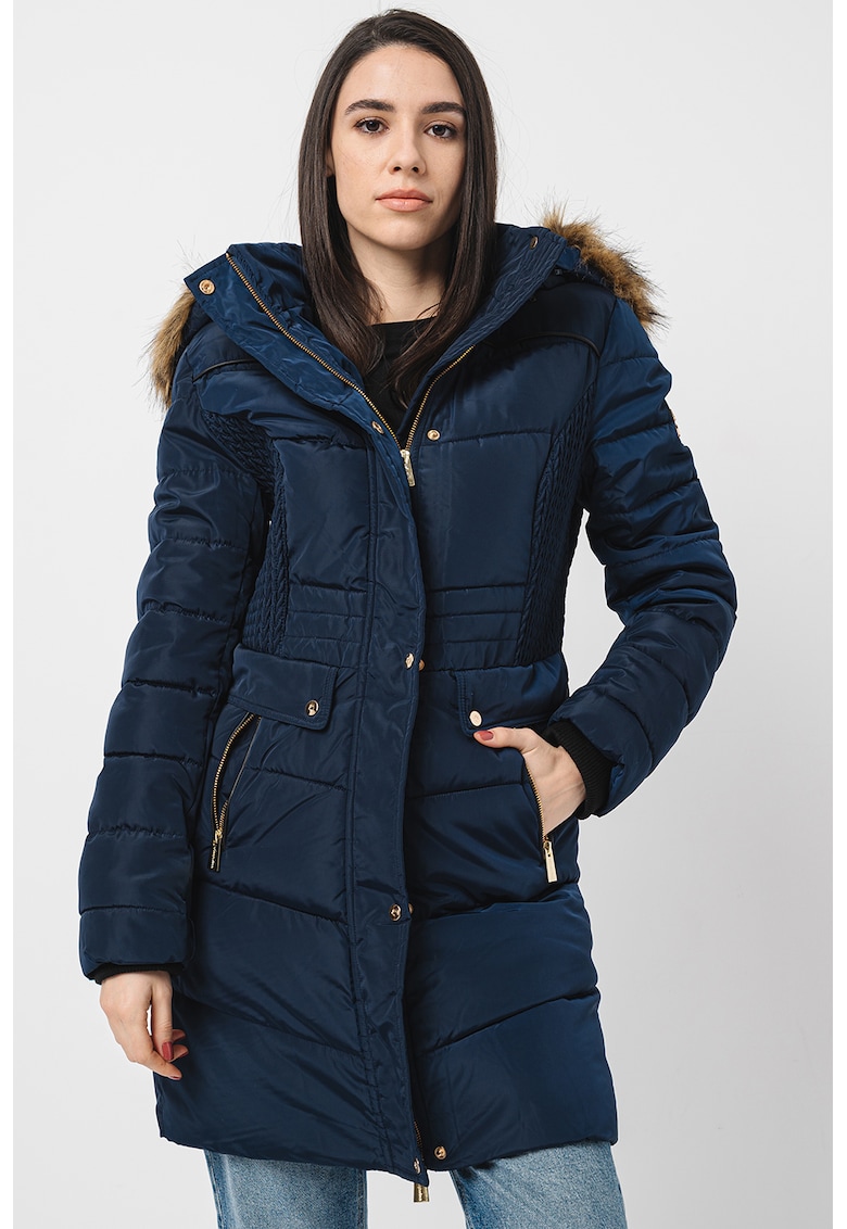 Geaca parka lunga cu vatelina si gluga Anadonna - Albastru indigo