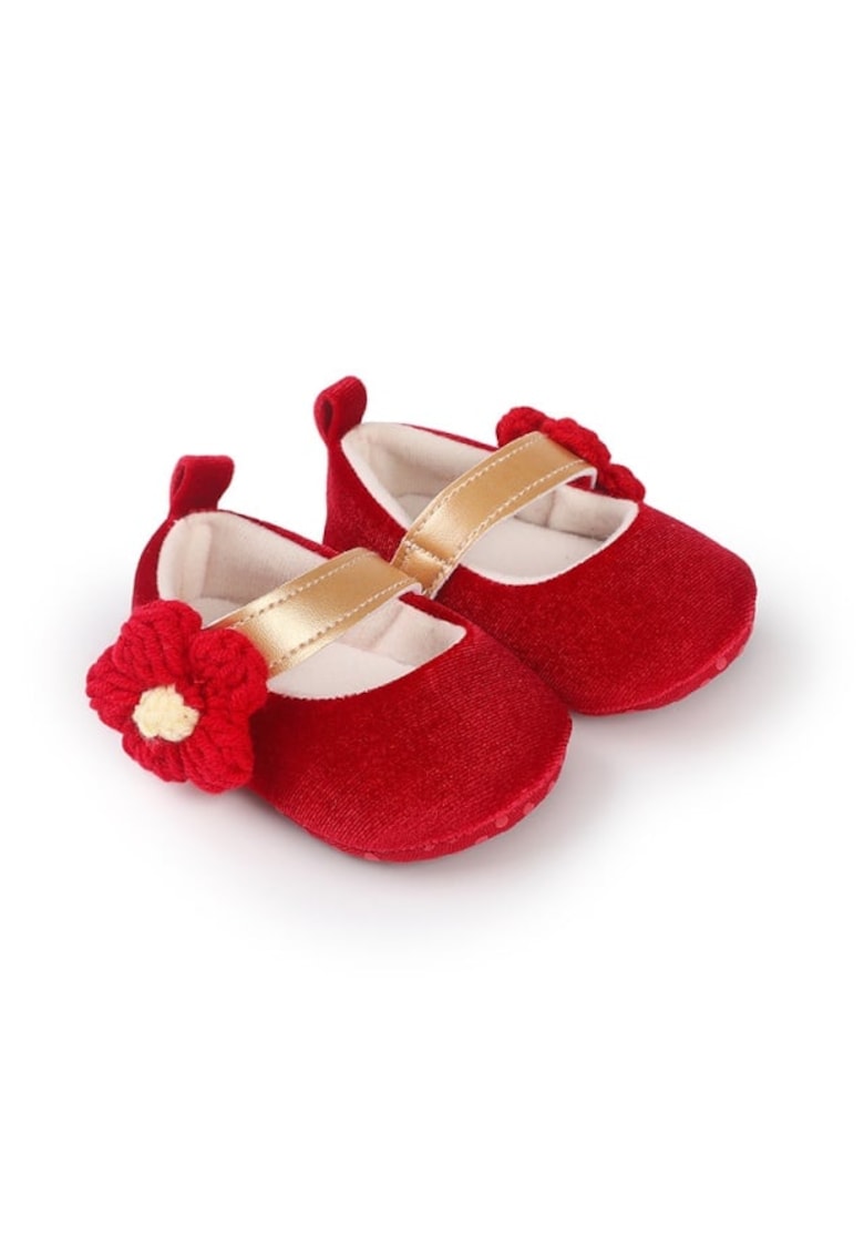 Pantofi Din Catifea - Cu Floricica Aplicata - Casual - Textil - Fete - Velcro - Rosu