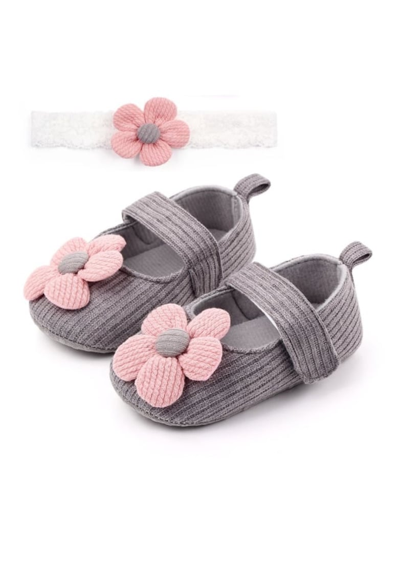 Set Pantofi Si Bentita Casual - Textil - Fete - Velcro - Gri - Roz