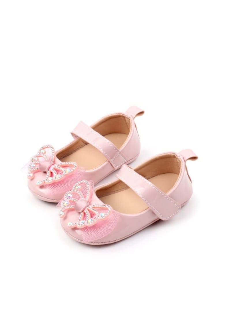 Pantofi Cu Fundita Cu Strasuri - Elegant - Piele lacuita - Fete - Velcro - Roz