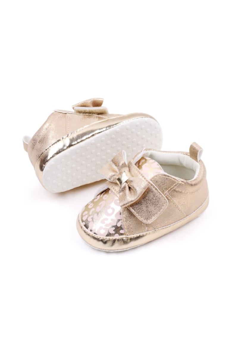 Pantofi Cu Imprimeu Si Fundita - Casual - Piele ecologica - Fete - Velcro - Auriu