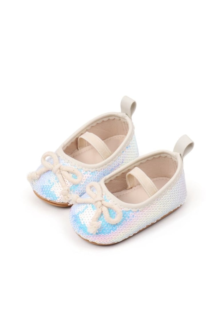 Pantofi Cu Paiete Si Fundita - Piele ecologica - Fete - Banda Elastica - Alb
