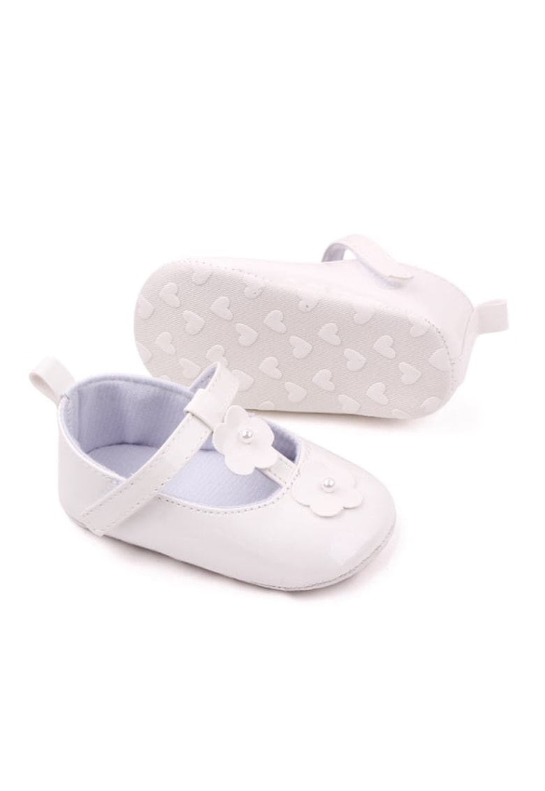 Pantofi Cu Floricele Si Perlute - Casual - Piele ecologica - Fete - Velcro - Alb
