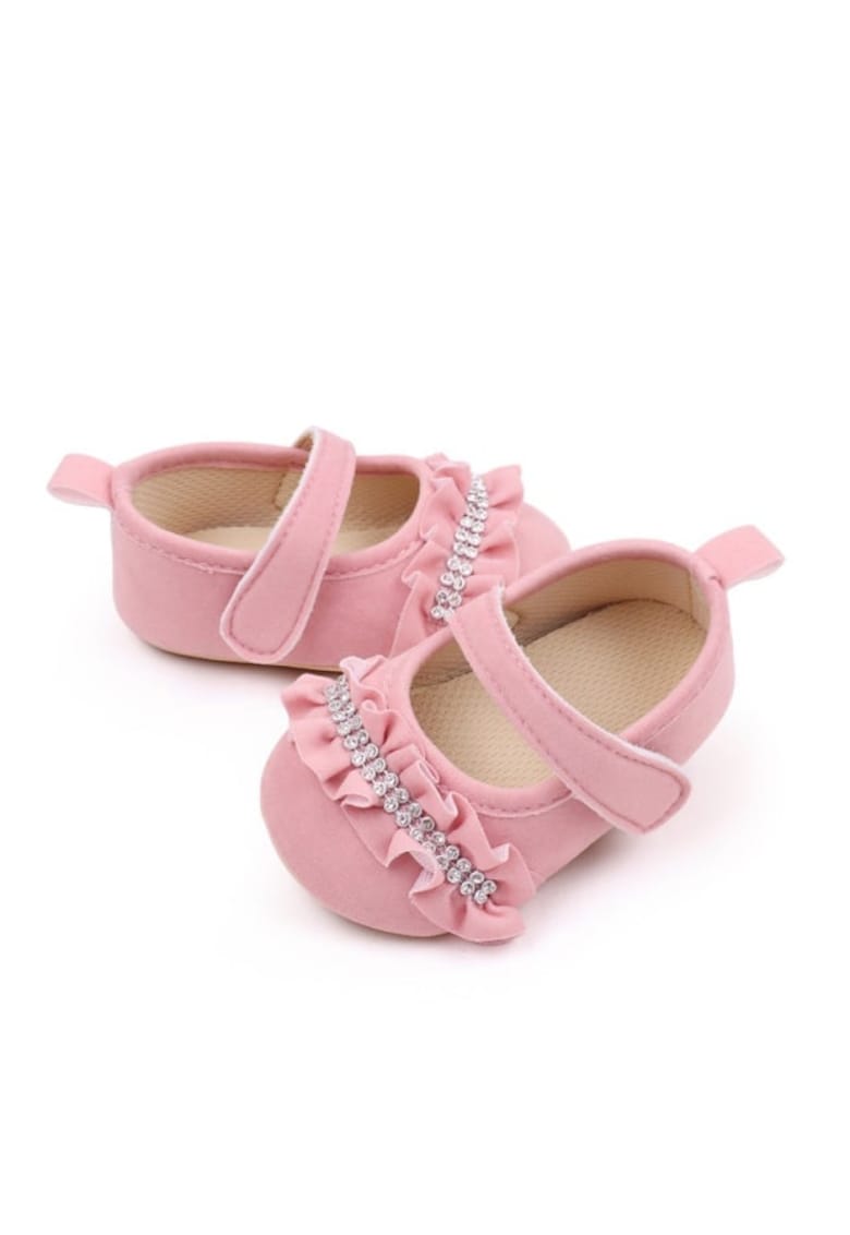 Pantofi Cu Strasuri Si Volanase - Casual - Piele ecologica - Fete - Velcro - Roz