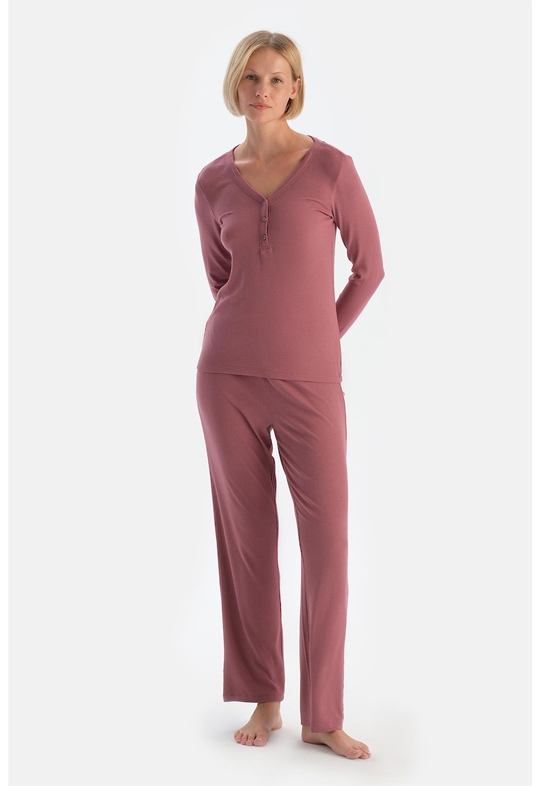 Pijama din amestec de bumbac cu decolteu Henley si pantaloni lungi