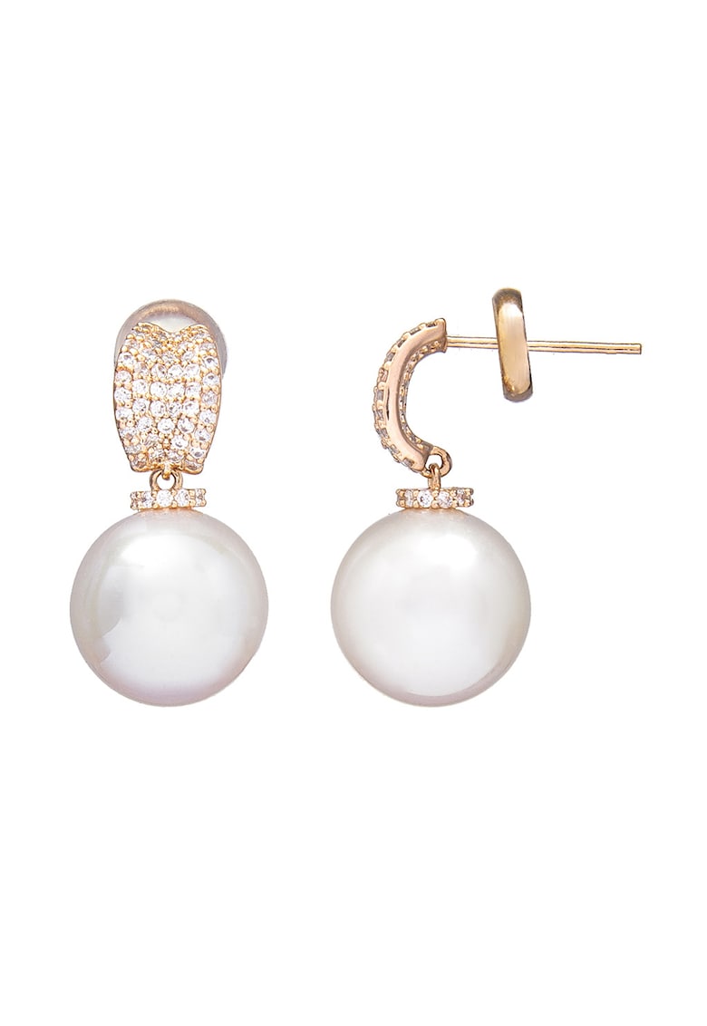 Cercei decorati cu zirconia si perle de sticla - Auriu rose
