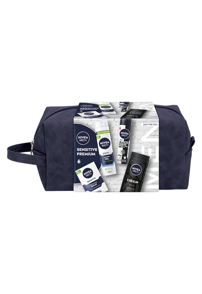 Set cadou Men pentru ten sensibil: Balsam dupa ras - 100 ml + Gel de ras - 200 ml + Deodorant spray Invisible Black & White Power 150 ml + Gel de dus Deep - 250 ml
