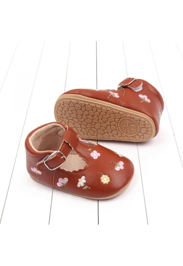 Pantofi Cu Floricele Colorate Brodate - Casual - Piele ecologica - Fete - Velcro - Maro