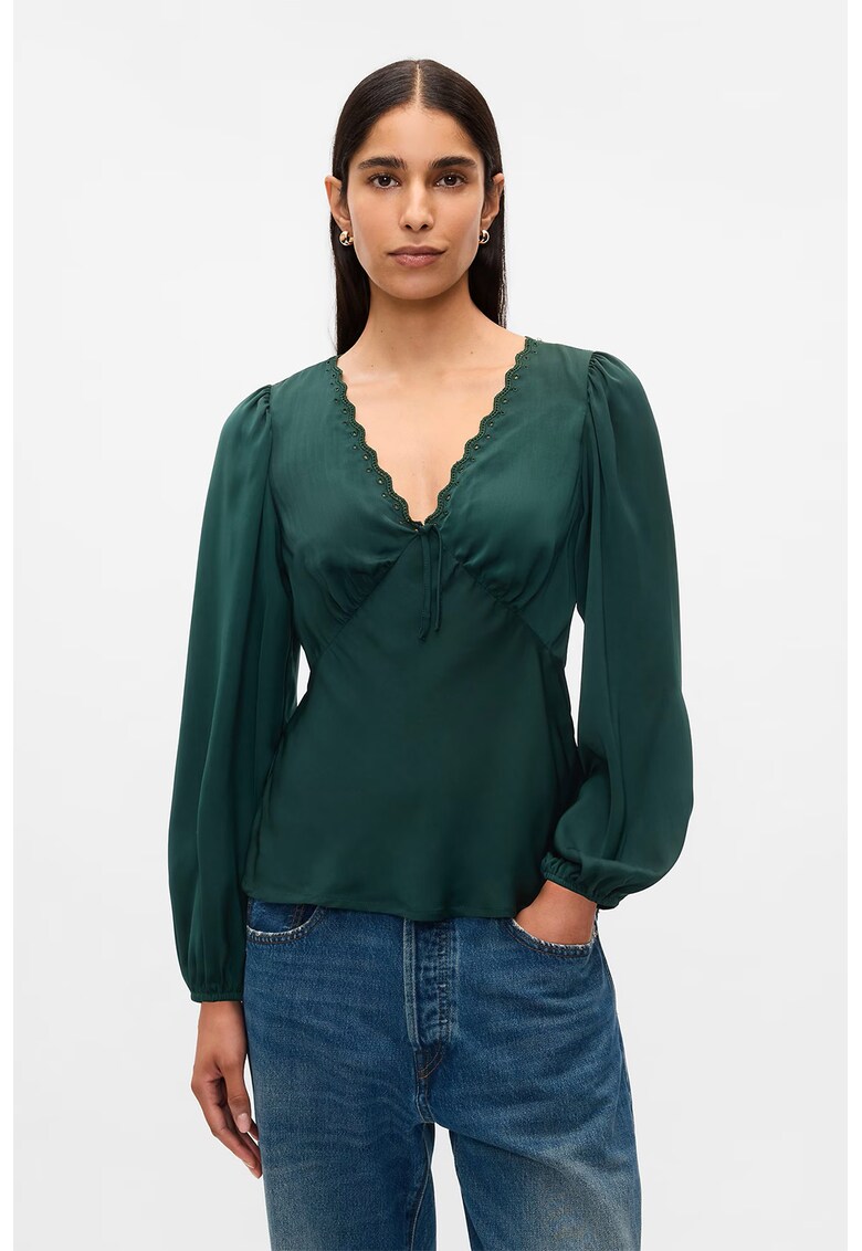 Bluza din satin cu decolteu in V - Verde englez
