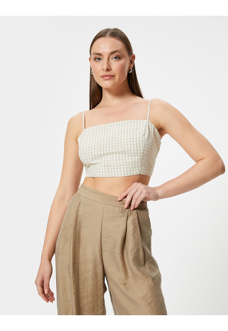 Top crop din amestec de in cu model gingham