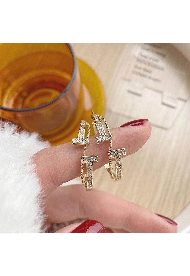 Cercei aurii - rotunzi - suflati cu aur 14k - cu pietre din zirconiu - Megan C2 -