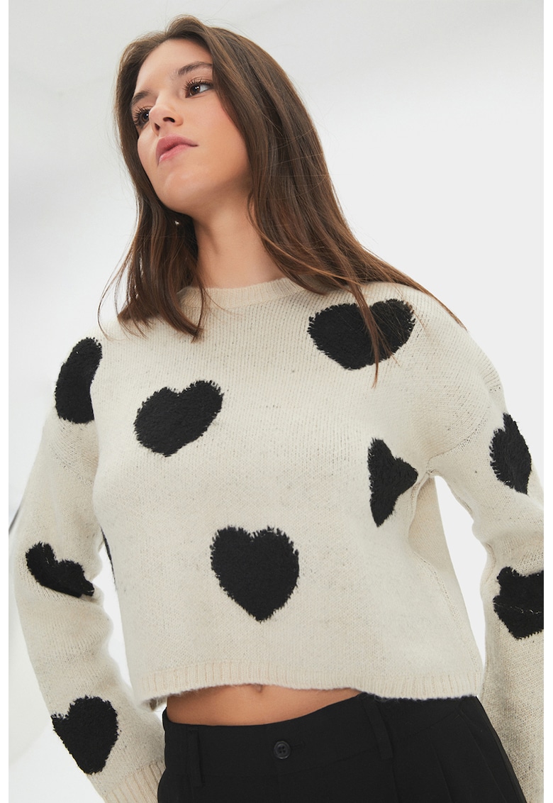 Pulover crop cu decolteu la baza gatului si model cu inimi - Negru/Alb murdar