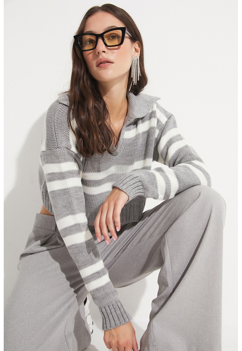 Pulover crop polo - Gri/Alb murdar