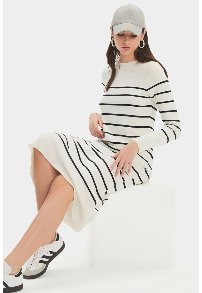Rochie-pulover midi cu dungi - Negru stins/Alb murdar
