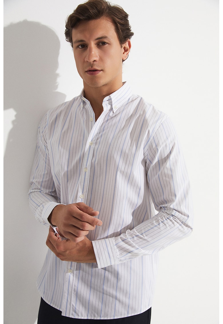 Camasa din bumbac cu model in dungi si guler ascutit