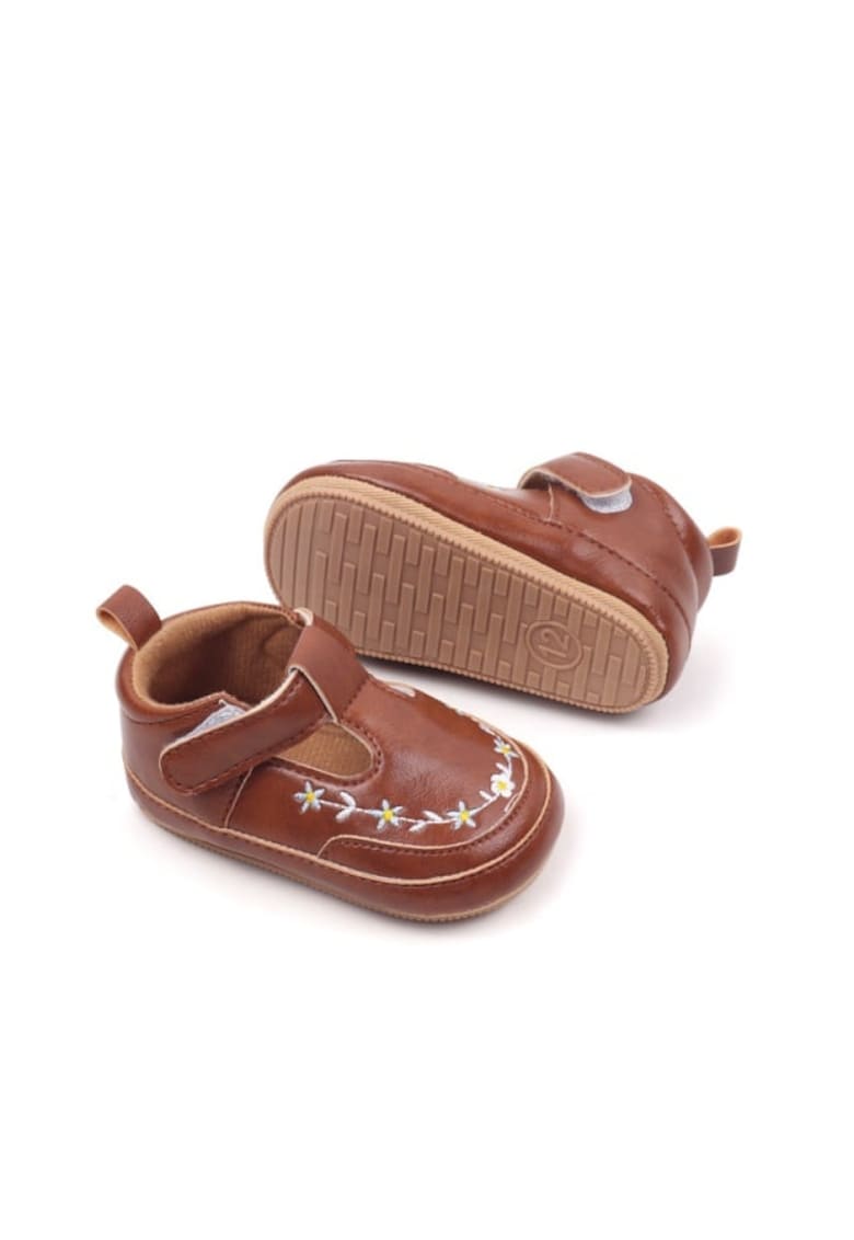 Pantofi Cu Broderie Florala - Casual - Piele ecologica - Fete - Velcro - Maro