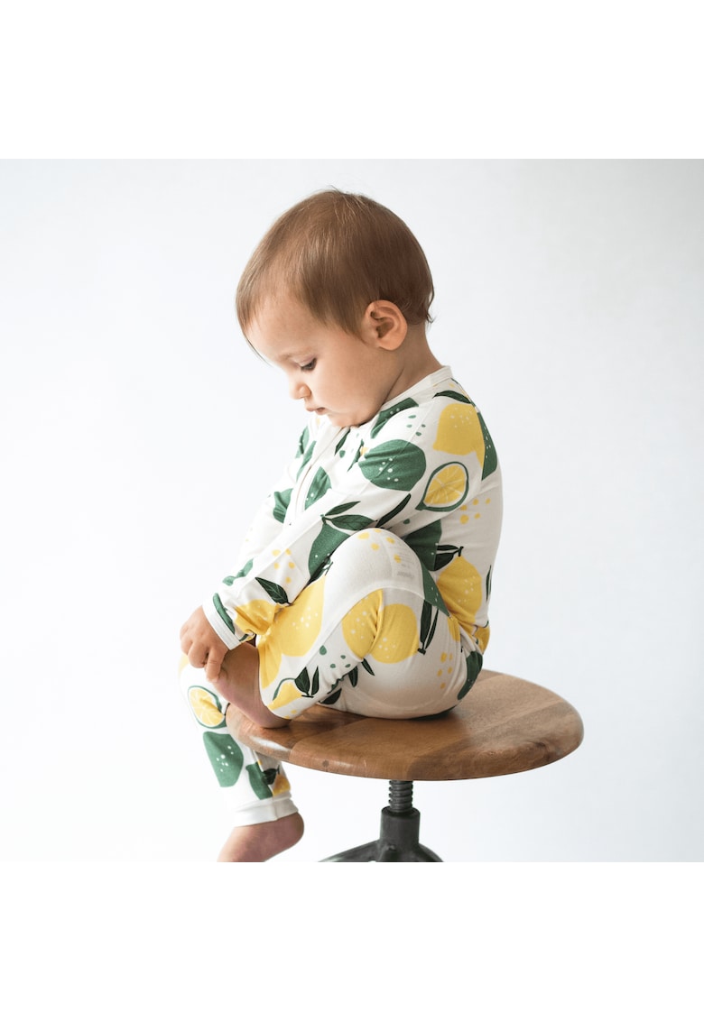 Pijamale lungi din bambus cu fermoar reversibil -  - Lemons - Alb Verde Galben - pentru baieti