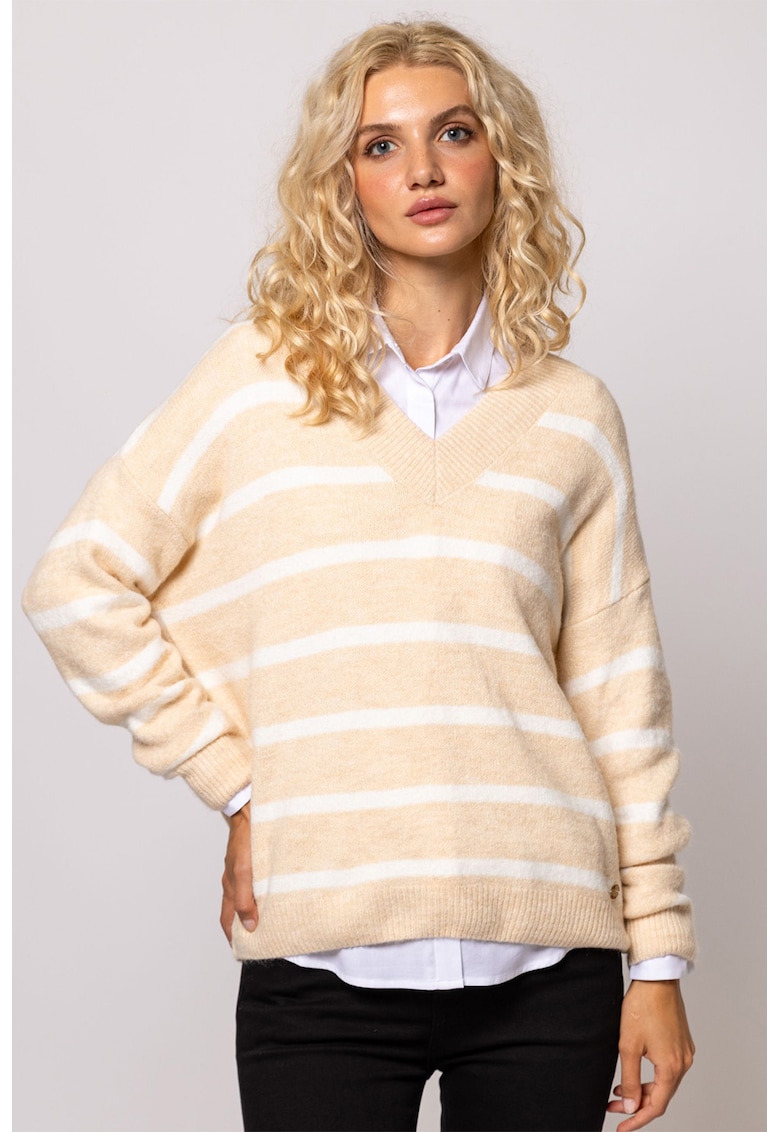 Pulover cu dungi si decolteu in V Hasic