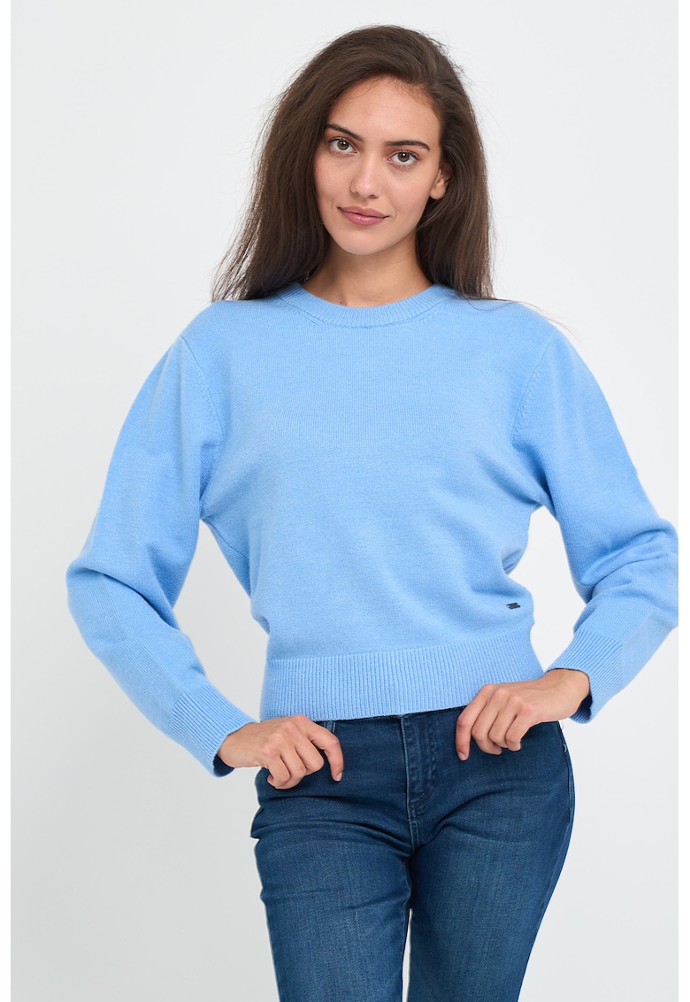 Pulover din tricot fin cu decolteu la baza gatului - Albastru pastel