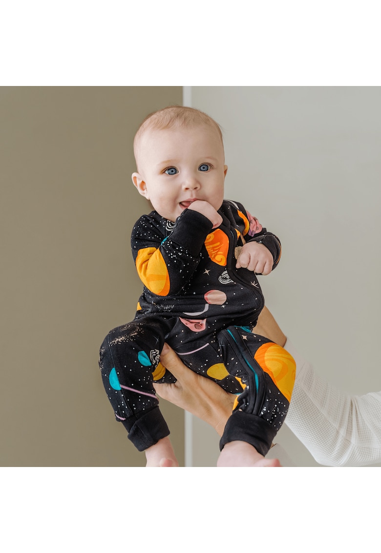 Pijamale lungi din bambus cu fermoar reversibil -  - Galaxy - Negru cu model planete - pentru baieti