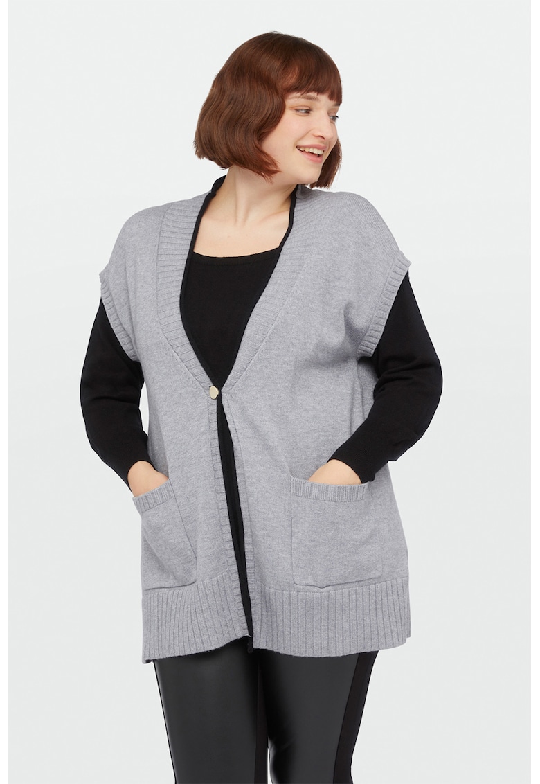 Pulover plus size cu buzunare aplicate