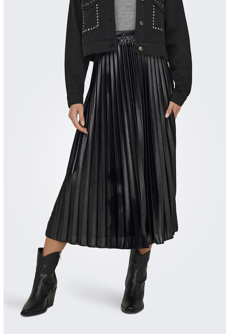 Fusta midi de satin cu pliuri - Negru