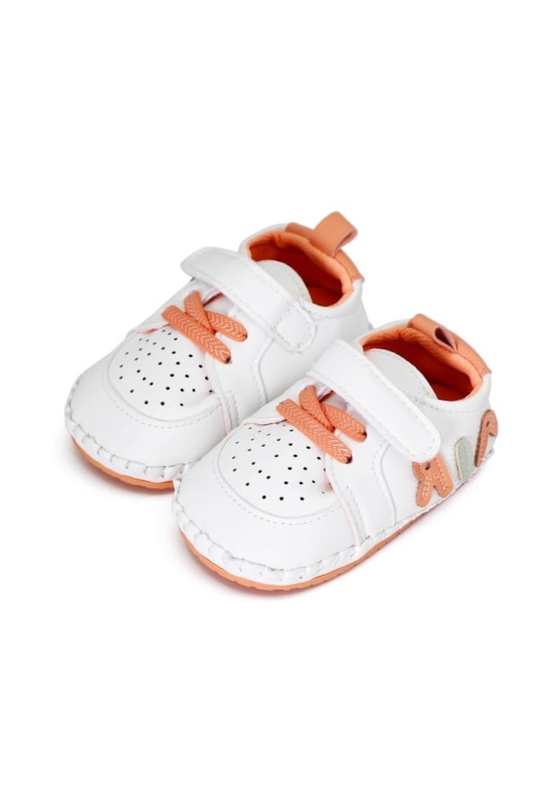 Pantofi Sport Casual - Piele ecologica - Baieti - Fete - Siret - Velcro - Alb - Portocaliu