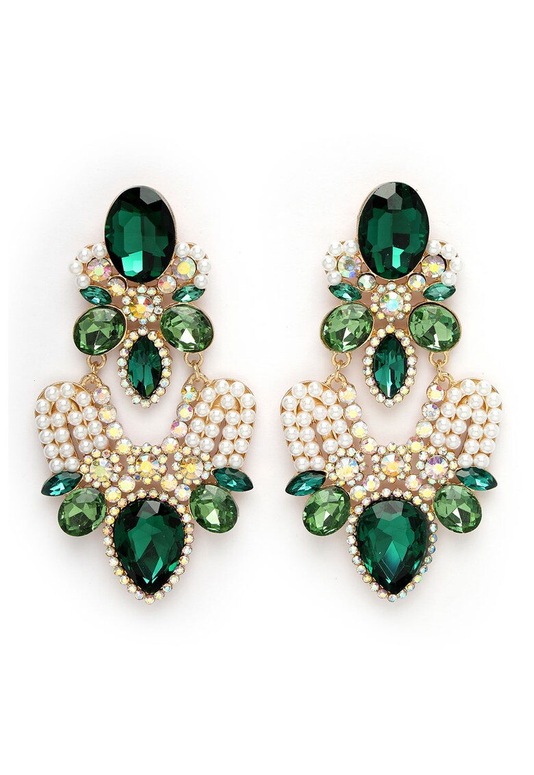 Cercei drop decorati cu cristale - Alb/Auriu/Verde inchis