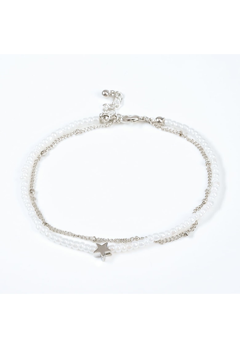 Bratara de picior dubla argintie si perle albe - Paris