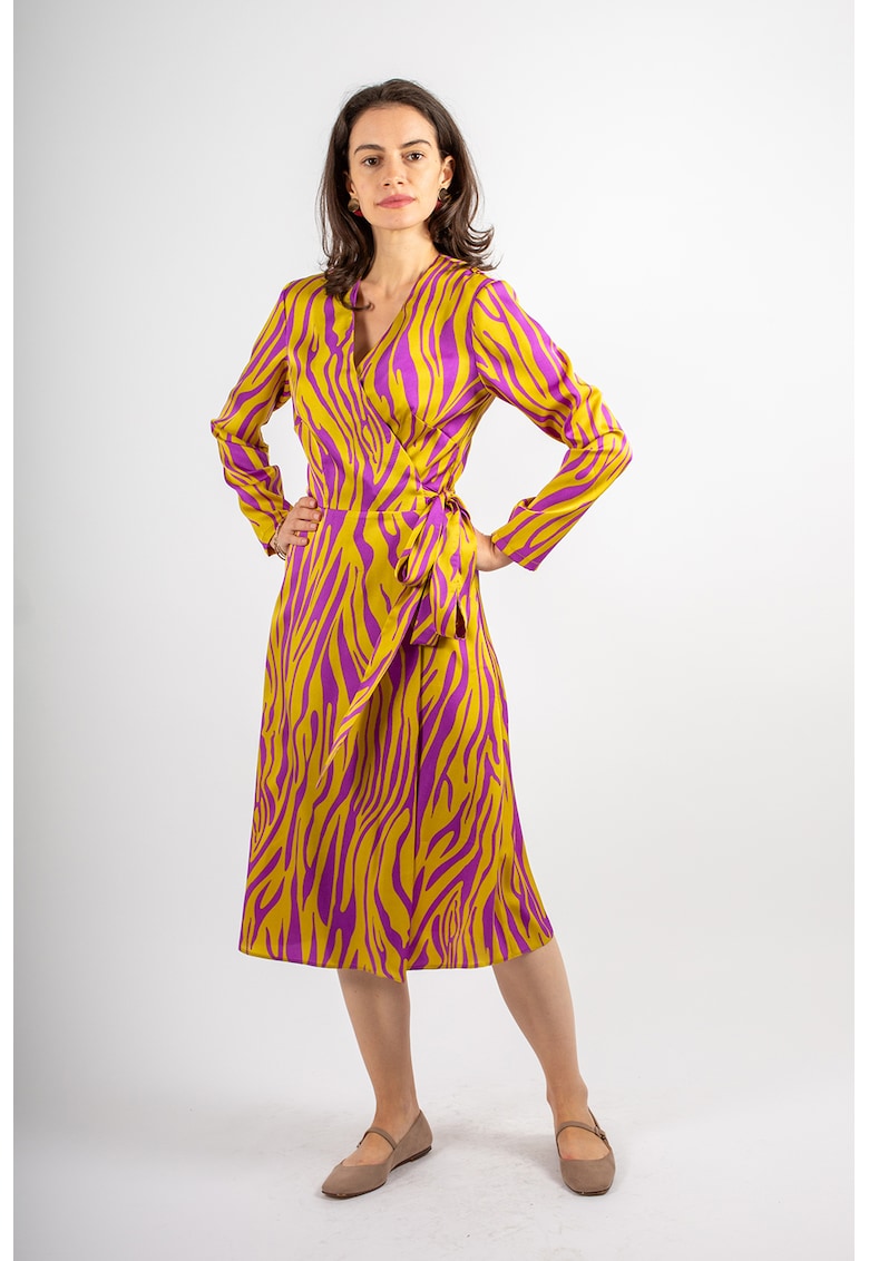 Rochie evazata cu decolteu in V Samantha - Violet/Galben mustar