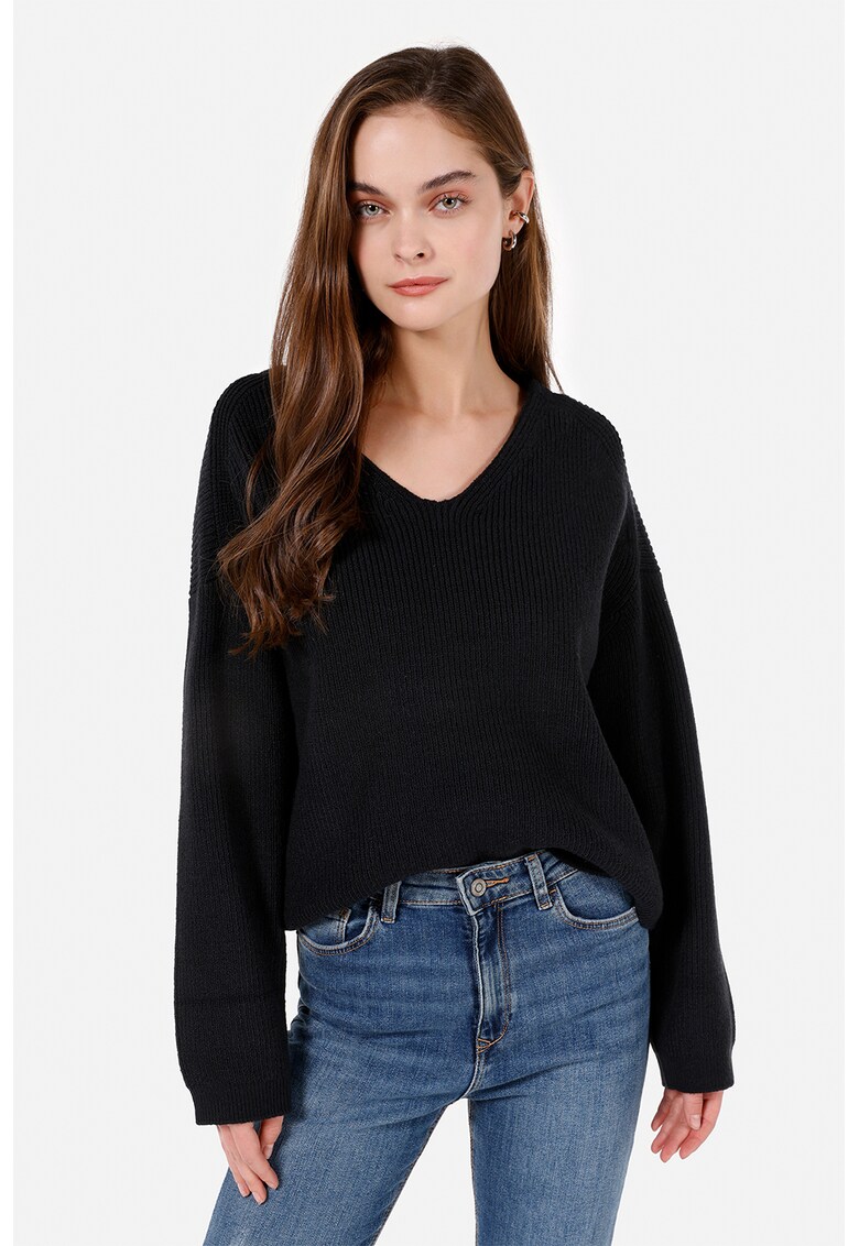 Pulover uni cu decolteu in V - Negru