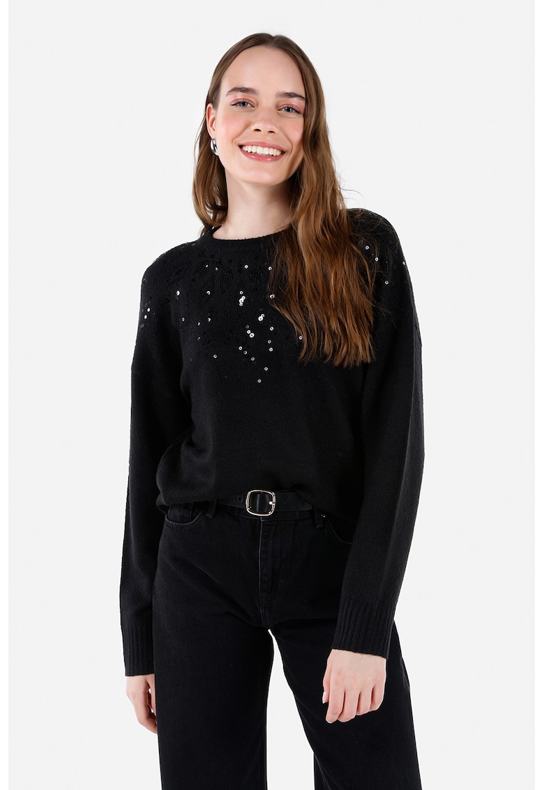 Pulover cu paiete pe partea din fata - Alb/Negru