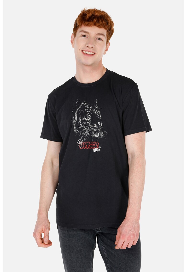 Tricou cu decolteu la baza gatului si imprimeu grafic - Alb/Gri antracit