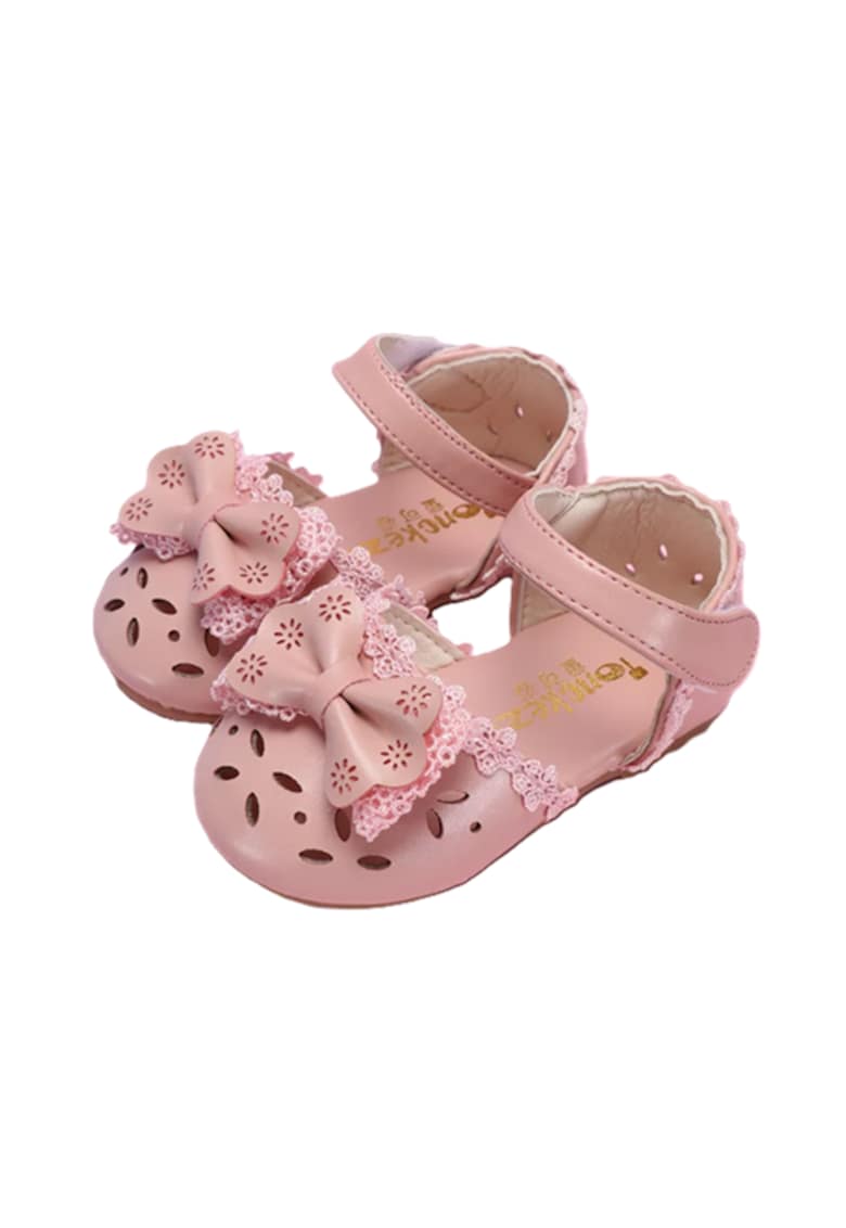 Pantofi Cu Fundita Si Danteluta - Velcro - Casual - Piele ecologica - Fete - Roz Pudrat