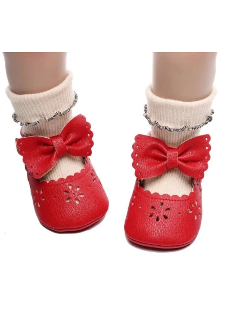 Pantofi Eleganti - Cu Fundita Si Perforatii Florale - Piele ecologica - Fete - Velcro - Rosu