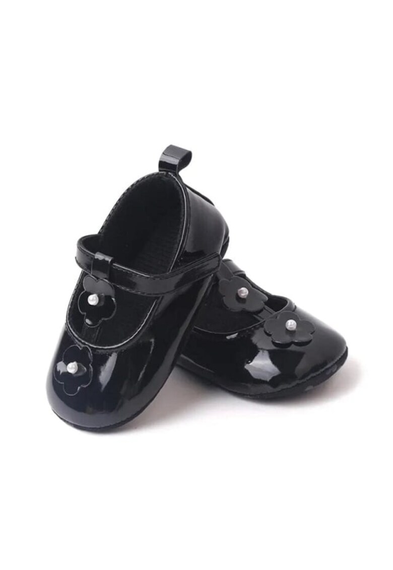 Pantofi Cu Floricele - Casual - Piele ecologica - Fete - Velcro - Negru