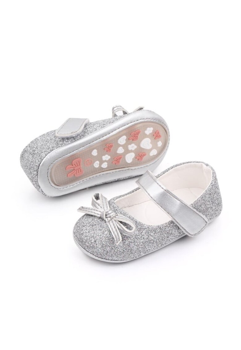 Pantofi Cu Sclipici Si Fundita - Elegant - Piele ecologica - Fete - Velcro - Argintiu