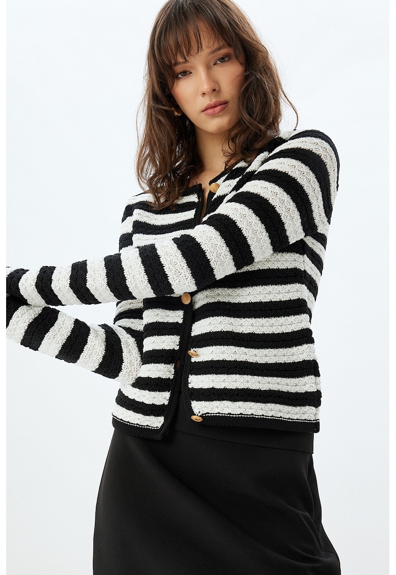 Cardigan cu decolteu la baza gatului - Alb - Negru -
