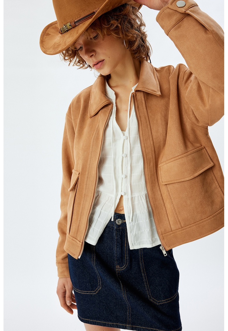 Jacheta crop cu fermoar - Maro nisip